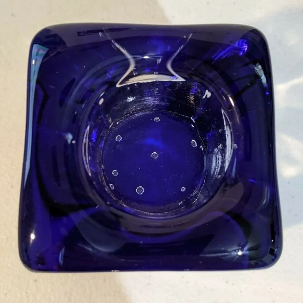 Heavy Art Glass Cobalt Blue Clear Votive Candle Holder Square Paper Clip Weight